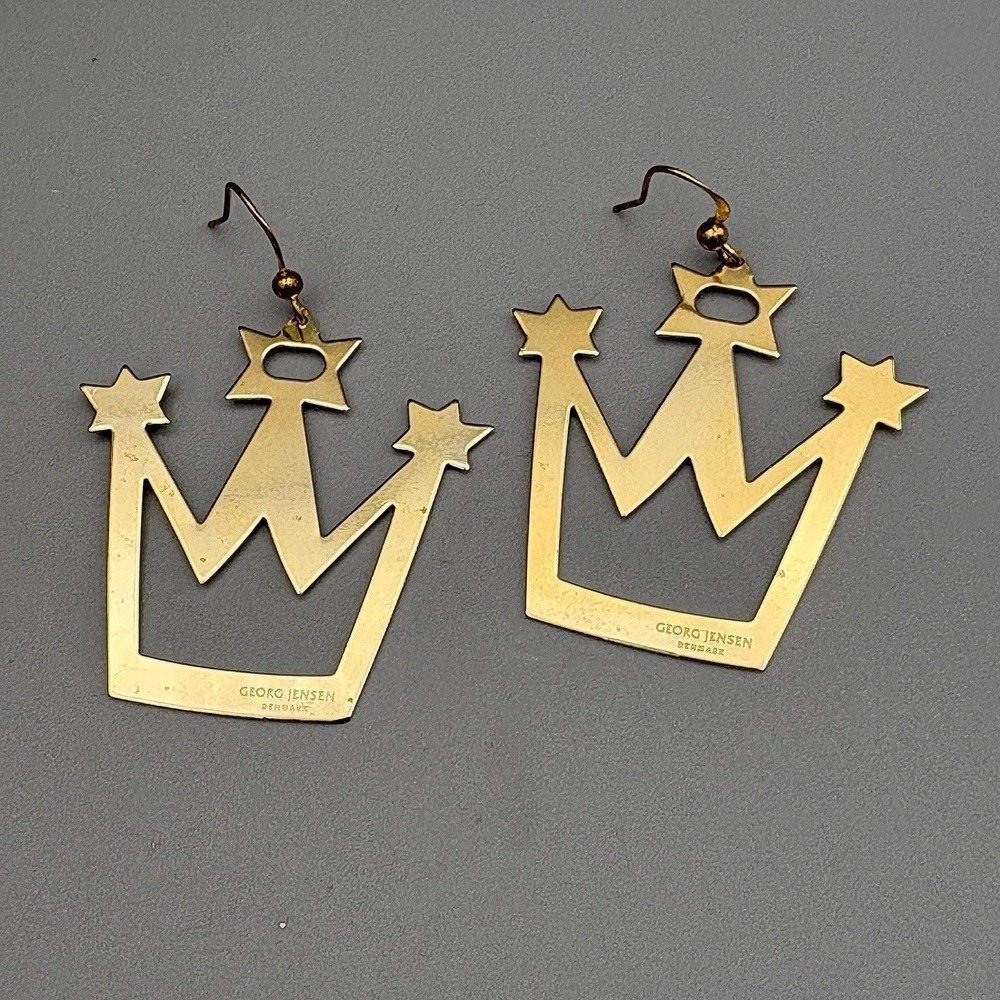 Georg Jensen Pierced Earrings 24k Gold Plated Crowns Signed Denmark Rare READ